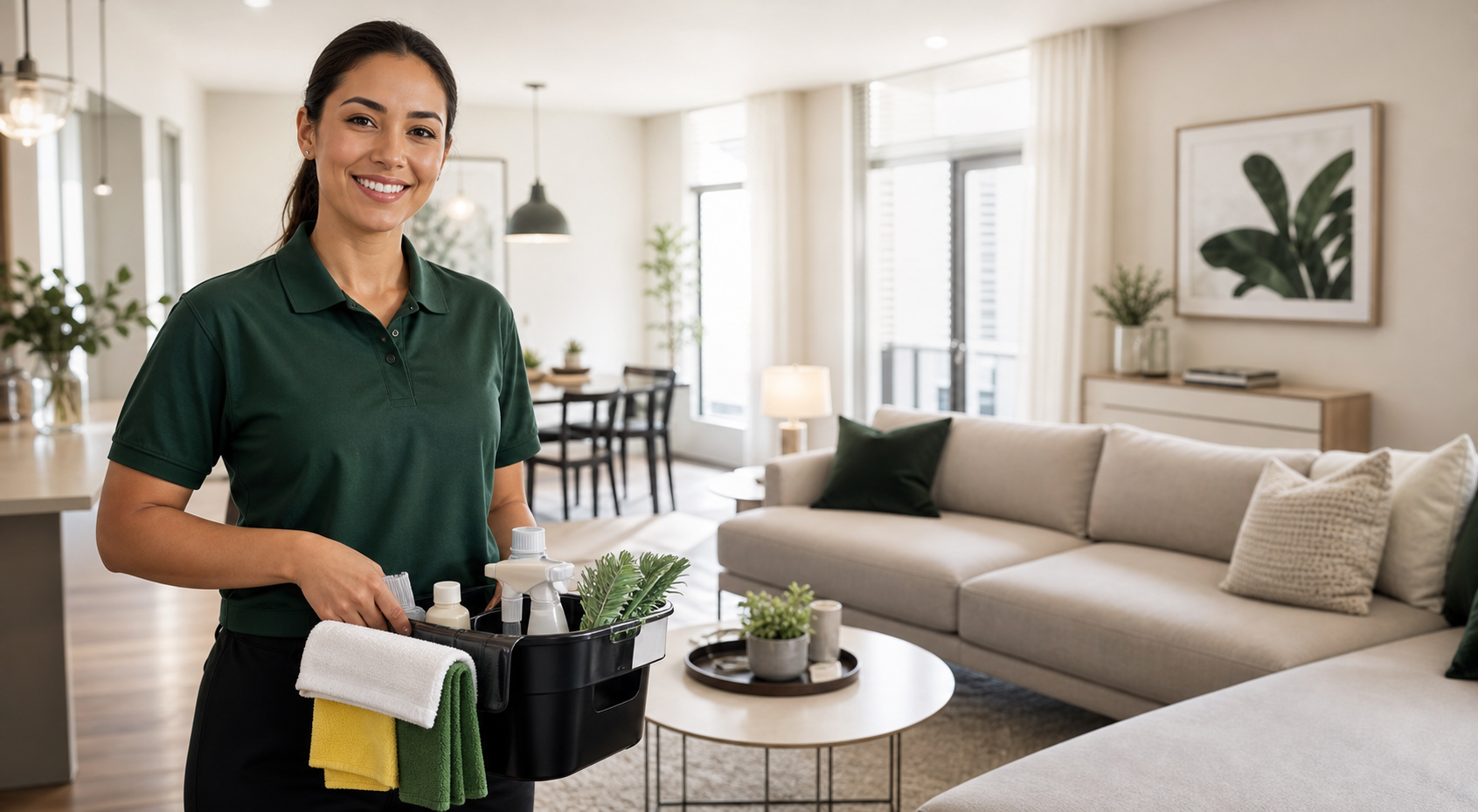 Professional cleaner in uniform inside a clean apartment